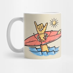 shaka hand and surfboard Mug